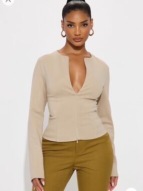 Long-Sleeve Zip Front V-Neck Top in Beige